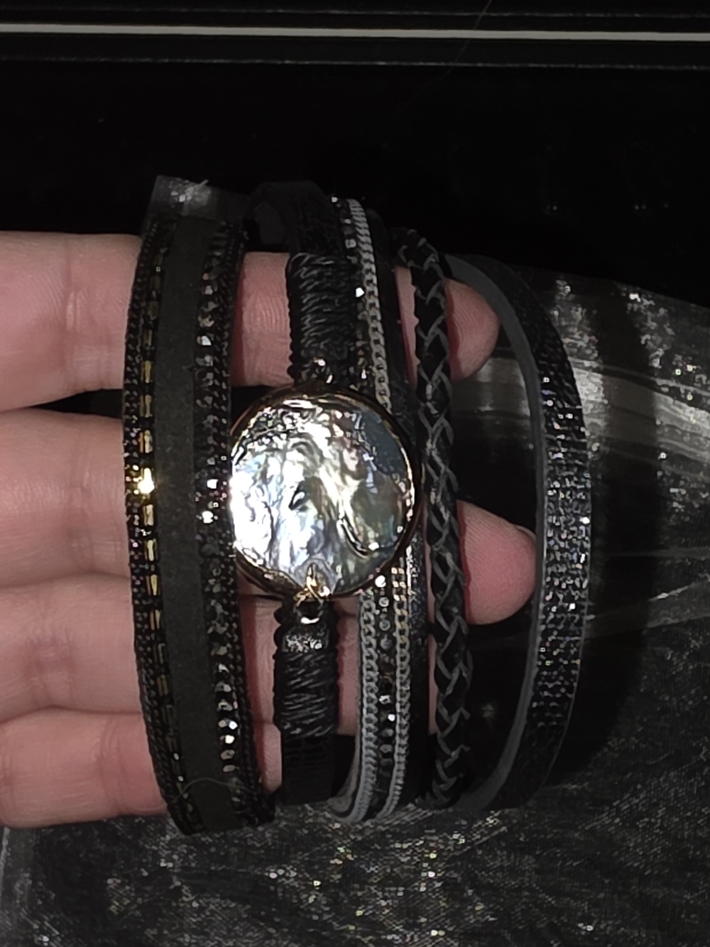 SAACHI Black Multi-Strand Wrap Bracelet with Iridescent Center Disk